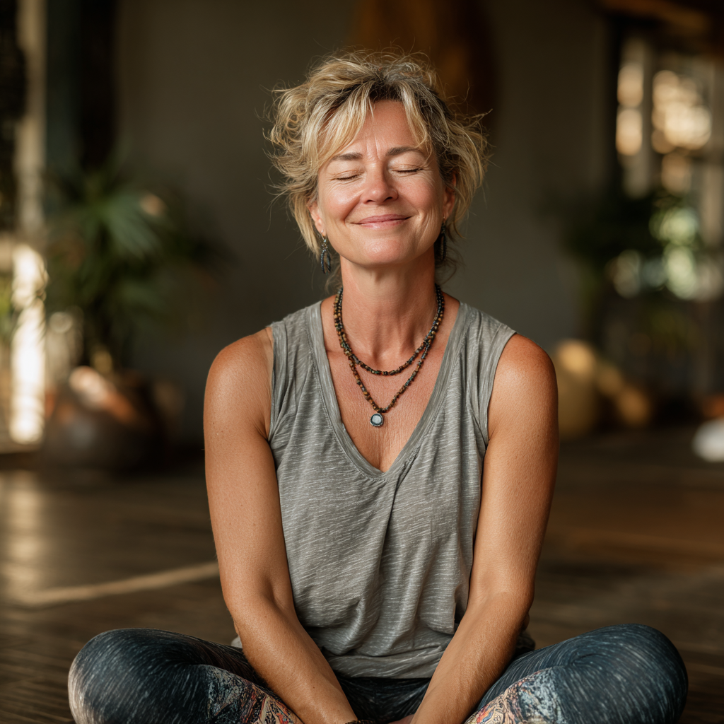 Усмихната българка на средна възраст в удобна йога поза на открито, заобиколена от природа