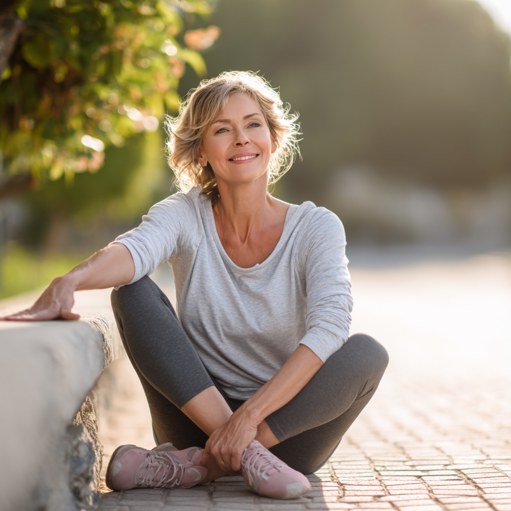 Усмихнат български мъж на 40 години седящ в медитативна поза с ръце на корема, демонстриращ дихателни техники